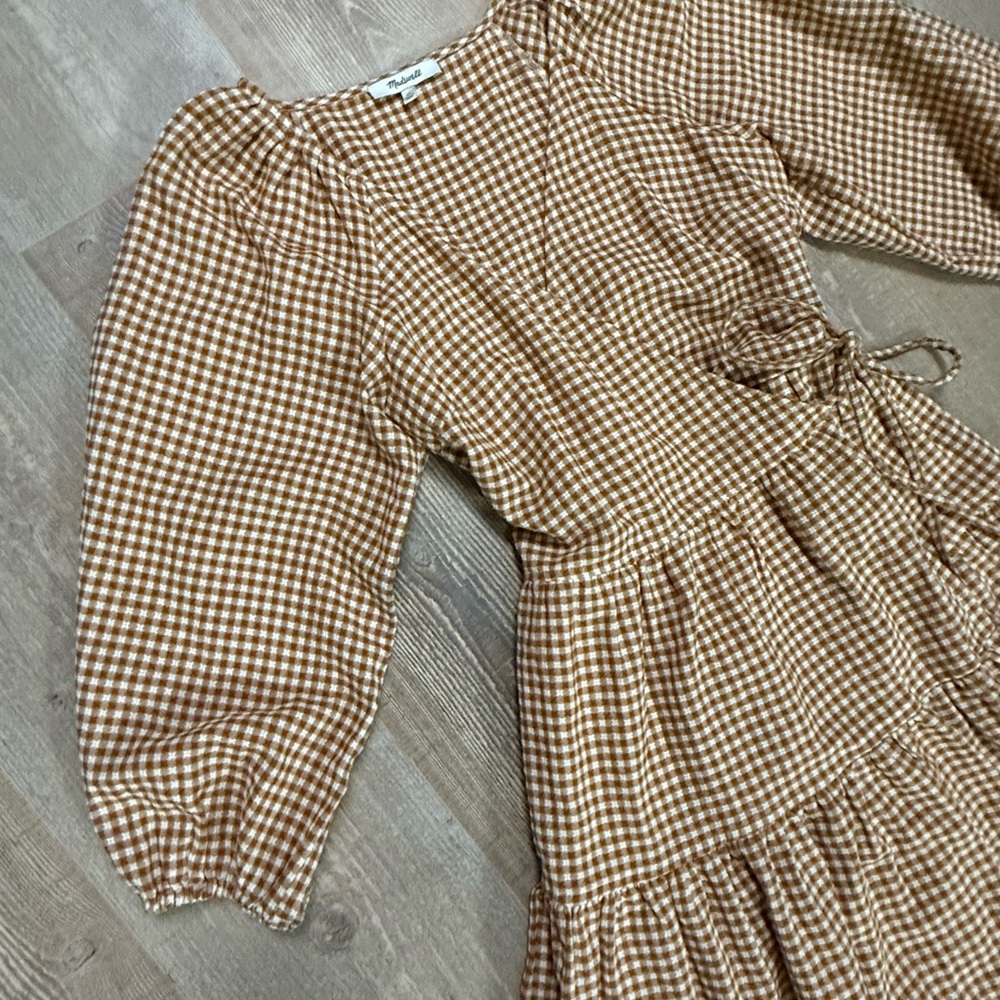 Madewell Brown Cream Gingham Wrap Dress - Picture 9 of 11